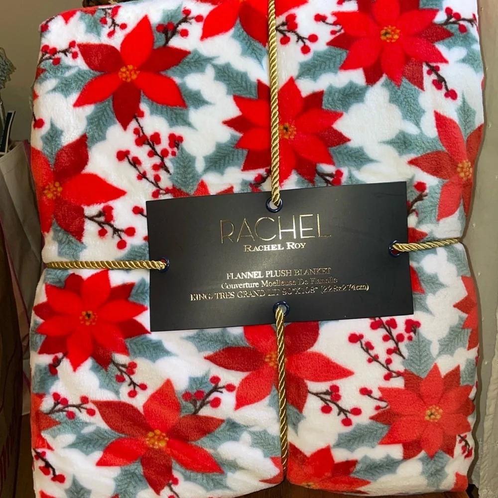 🎄Gorgeous King Sized Poinsettia Plush Blanket 🎄Rich vibrant colors! NWT - Picture 2 of 11